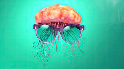  a painting of a jellyfish wearing sunglasses on a green background.  generative ai