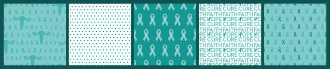 Set of Ovarian and Cervical Cancer Awareness Month teal backgrounds. Seamless pattern with teal cancer ribbons and uterus. Cancer prevention, women health illustration