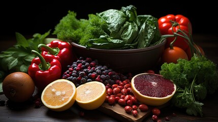 clean healthy foods: fruit, vegetables, whole grains, superfoods, cereals, leaf vegetables