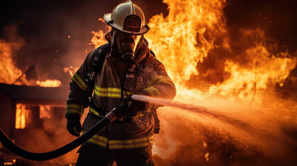 Portrait of a firefighter in equipment. Firemen using water from hose for fire fighting.