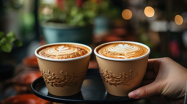 Closeup image of two people clinking white coffee cups in a cafe
