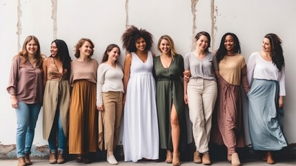 Group of women pregnant with different body and ethnicity posing together to show the woman pregnant power and strength. Curvy and skinny kind of female body concept, body positive and body acceptance - obrazy, fototapety, plakaty