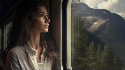 Fototapeta premium Journey of Imagination: A Woman's Train Ride, Gazing Beyond, Dreaming of Uncharted Adventures and Destinations.