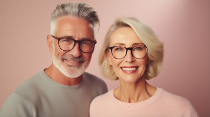 Middle-Aged Couple in Jumpers and Glasses Smile Happily: Capturing Daily Lifestyle Vibes on a Pastel Beige Background.