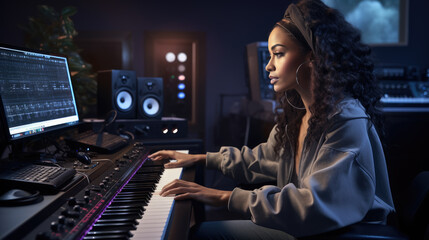 Portrait of Female Audio Engineer Working in Music Recording Studio, Uses Mixing Board Create Modern Sound. - obrazy, fototapety, plakaty