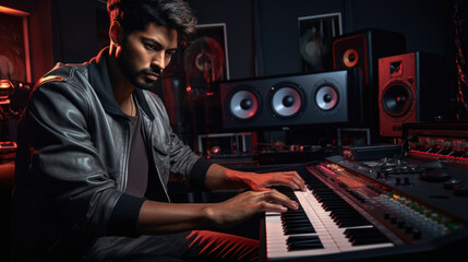 Portrait of Audio Engineer Working in Music Recording Studio, Uses Mixing Board Create Modern Sound.