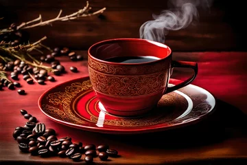 Fotobehang A porcelain coffee cup adorned with delicate patterns sits atop a vibrant crimson plate - AI Generative © Taimoor