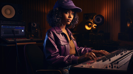 Portrait of Female Audio Engineer Working in Music Recording Studio, Uses Mixing Board Create Modern Sound.