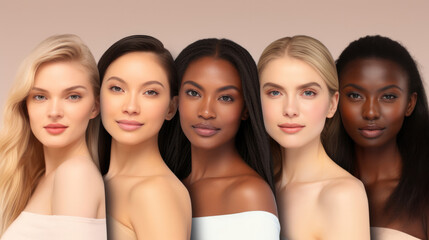 Obraz premium Multi-ethnic beauty. Different ethnicity women - Caucasian, African, Asian and Indian.