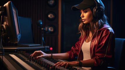Fototapeta na wymiar Portrait of Female Audio Engineer Working in Music Recording Studio, Uses Mixing Board Create Modern Sound.