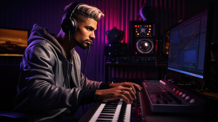 Portrait of Audio Engineer Working in Music Recording Studio, Uses Mixing Board Create Modern Sound.