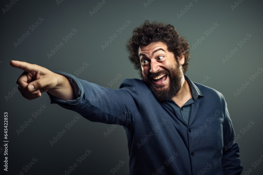 Poster caucasian bearded man showing his index finger on a gray background.