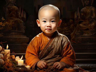A little Chinese monk captivates with his serene expression. In mesmerizing and realistic oil painting, it conveys the wisdom and tranquility of a little monk in inner peace. - obrazy, fototapety, plakaty