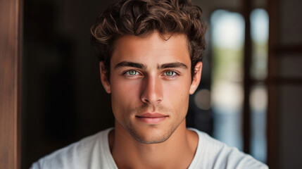 Portrait of a young man with natural makeup and natural styling.