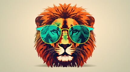  a lion with sunglasses on its head and a green pair of glasses.  generative ai