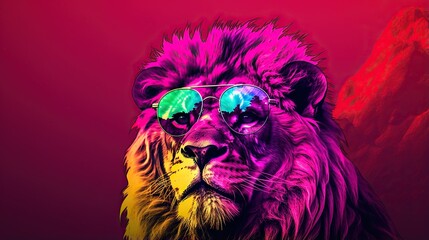  a lion wearing sunglasses with a red and purple background behind it.  generative ai
