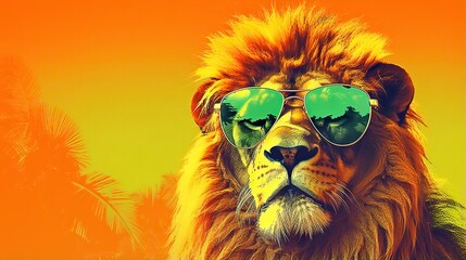  a lion wearing sunglasses with a palm tree in the background.  generative ai