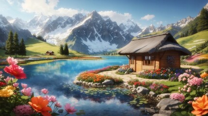 landscape with lake and mountains Generated Ai