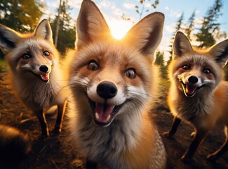 A group of foxes looking at the camera