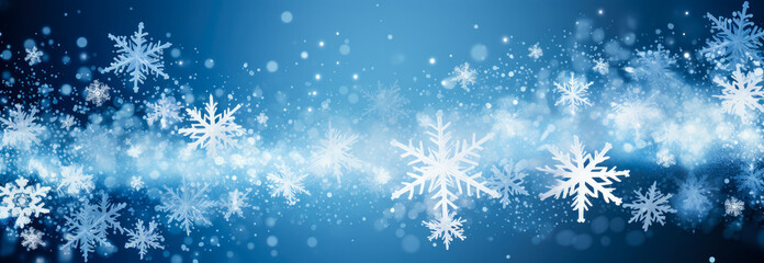 Fototapeta na wymiar Winter background with snowflakes and bokeh. banner