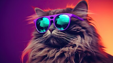  a cat wearing purple sunglasses with green mirrored lenses on it's face.  generative ai