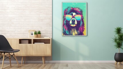  a painting of a dog wearing sunglasses on a blue wall.  generative ai