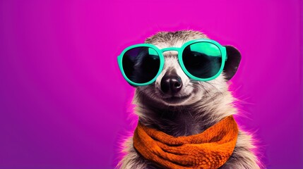 a meerkat wearing sunglasses and a scarf on a purple background.  generative ai