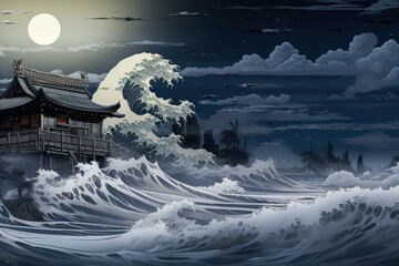 Landscape of japanese temple on the sea at night.