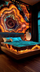 Opulent art deco bedroom in a castle adorned with stunning fluorescent agate specimens.
