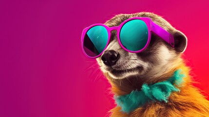  a small dog wearing sunglasses and a bow tie on a pink background.  generative ai