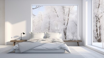Interior of white minimalist scandi bedroom in luxury cottage or hotel. Large comfortable bed, side tables, panoramic windows with scenic winter forest view. Eco design. Mockup, 3D rendering.
