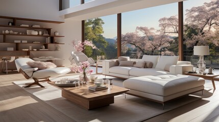 Fototapeta premium Interior of minimalist scandi living room in luxury villa. Stylish cushioned furniture, coffee table, bookshelves, panoramic windows overlooking scenic landscape. Ecodesign. 3D rendering.