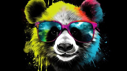  a colorful bear wearing sunglasses with a black background and a splash of paint.  generative ai