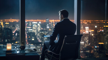 Fototapeta na wymiar Business man standing in the office watching the modern city night view