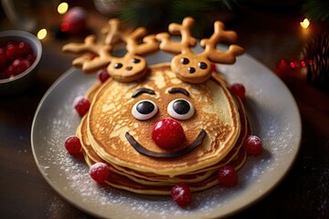 Obraz na płótnie Canvas Pancakes decorated to look as a reindeer. Christmas dessert for children. Generative Ai