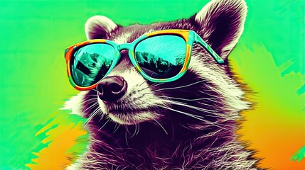  a raccoon with sunglasses on its head and a green background.  generative ai