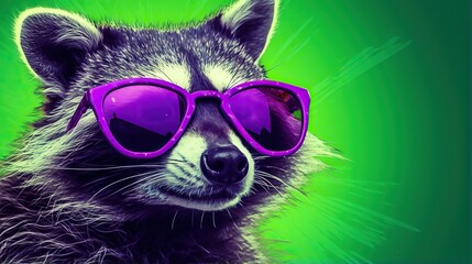  a raccoon wearing purple sunglasses on a green background.  generative ai