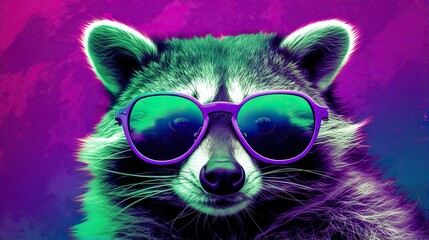  a raccoon wearing purple sunglasses and a purple background.  generative ai
