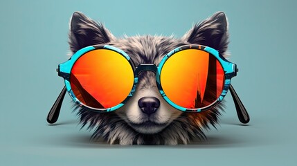  a dog with sunglasses on its head and a blue background.  generative ai