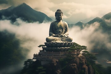 Fototapeta premium Buddha statue on the top of mountain in misty morning.Generative Ai
