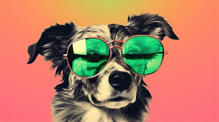  a dog wearing sunglasses with a pink and green background behind it.  generative ai