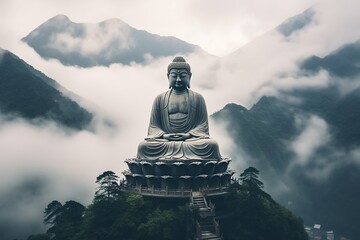 Buddha statue on the top of mountain in misty morning.Generative Ai