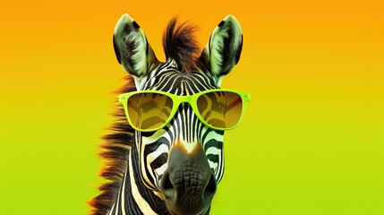 Fototapeta premium a zebra with sunglasses on its head and a green background. generative ai