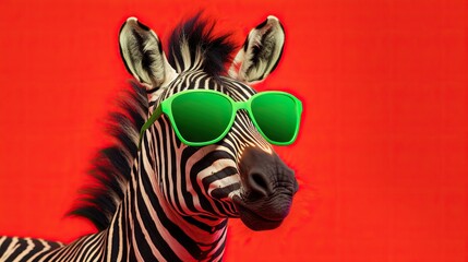  a zebra wearing green sunglasses against a red background with a red wall.  generative ai