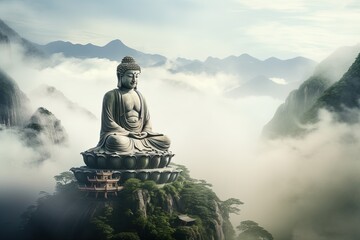 Buddha statue on the top of mountain in misty morning.Generative Ai