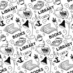 Vector flat doodle pattern with library related items. Minimalistic sketch hand drawn seamless design for decoration, textile, wrapping. Black isolated books and related elements on white background.