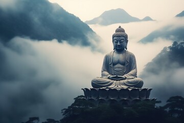Buddha statue on the top of mountain in misty morning.Generative Ai