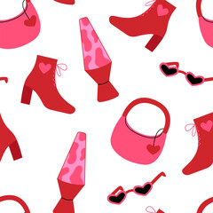 Seamless pattern with pink glamorous accessories and objects. Bag, lava lamp, boots and heart sunglasses. Vector background in nostalgic y2k aesthetic
