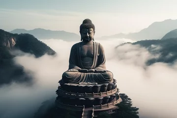 Photo sur Plexiglas Lieu de culte Buddha statue on the top of mountain in misty morning.Generative Ai