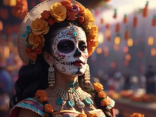 Fotobehang Carnaval Portrait of a Mexican woman with sugar skull makeup in city